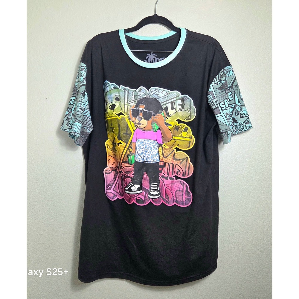 Vibes Mens Streetwear Graphic T-Shirt Black XL Graffiti Bear Teal Ringer Tee